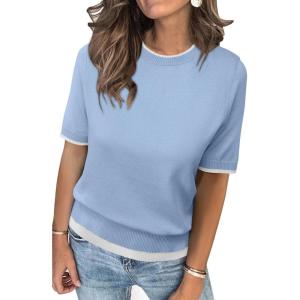 image:imageArachampCloz Womens Summer Fall Lightweight Tops Short Sleeve Dressy BlouseLight Bluewhite