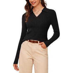 image:imageArachampCloz Womens Wool Blend Polo Sweater Shirt Business Casual Slim Fitted Fall Tops 2025Black