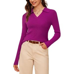 image:imageArachampCloz Womens Wool Blend Polo Sweater Shirt Business Casual Slim Fitted Fall Tops 2025Rose