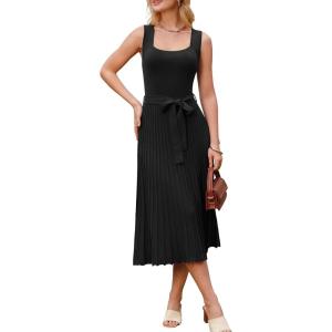 image:imageArachampCloz Womens Wool Blend Square Neck Tie Waist Pleated Summer Sweater Dress 2026Black