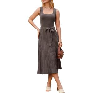 image:imageArachampCloz Womens Wool Blend Square Neck Tie Waist Pleated Summer Sweater Dress 2026Coffee