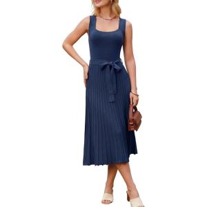 image:imageArachampCloz Womens Wool Blend Square Neck Tie Waist Pleated Summer Sweater Dress 2026Navy