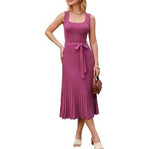 image:imageArachampCloz Womens Wool Blend Square Neck Tie Waist Pleated Summer Sweater Dress 2026Rose Red