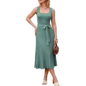image:imageArachampCloz Womens Wool Blend Square Neck Tie Waist Pleated Summer Sweater Dress 2026Sage Green