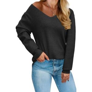 image:imageArachampCloz Womens 2024 Fall Long Sleeve V Neck Off Shoulder Tops Knit Pullover Sweater Loose Casual ClothesBlack