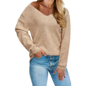 image:imageArachampCloz Womens 2024 Fall Long Sleeve V Neck Off Shoulder Tops Knit Pullover Sweater Loose Casual ClothesCamel