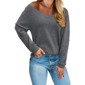 image:imageArachampCloz Womens 2024 Fall Long Sleeve V Neck Off Shoulder Tops Knit Pullover Sweater Loose Casual ClothesDark Gray