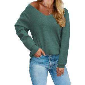 image:imageArachampCloz Womens 2024 Fall Long Sleeve V Neck Off Shoulder Tops Knit Pullover Sweater Loose Casual ClothesGreen