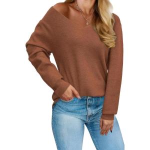 image:imageArachampCloz Womens 2024 Fall Long Sleeve V Neck Off Shoulder Tops Knit Pullover Sweater Loose Casual ClothesRust