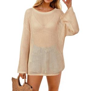 image:imageArachampCloz Womens Linen Summer Fall Lightweight Crochet Tops Beach Cover Up 2025Apricot