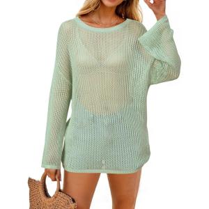 image:imageArachampCloz Womens Linen Summer Fall Lightweight Crochet Tops Beach Cover Up 2025Green