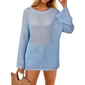 image:imageArachampCloz Womens Linen Summer Fall Lightweight Crochet Tops Beach Cover Up 2025Light Blue