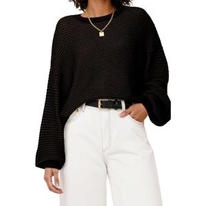 image:imageArachampCloz Womens Wool Blend Crewneck Fall Trendy Oversized Waffle Sweaters 2025Black
