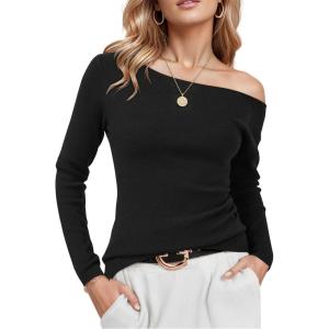 image:imageArachampCloz Womens Wool Blend Off The Shoulder Sweaters Ruched Slim Fit Date Top 2026Black