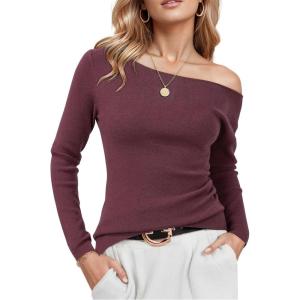 image:imageArachampCloz Womens Wool Blend Off The Shoulder Sweaters Ruched Slim Fit Date Top 2026Dark Red