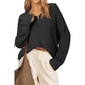 image:imageArachampCloz Womens Wool Blend Quarter Zip Pullover Sweater Trendy Winter Soft Casual Lapel Oversized Fit TopBlack