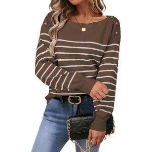 image:imageArachampCloz Womens Wool Blend Striped Boat Neck Fall Dressy Casual Sweater Tops 2025Coffee and White