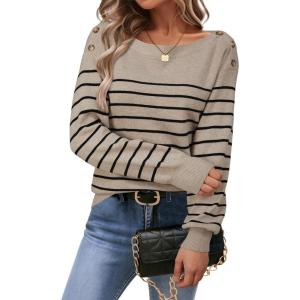 image:imageArachampCloz Womens Wool Blend Striped Boat Neck Fall Dressy Casual Sweater Tops 2025Khaki and Black