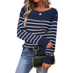 image:imageArachampCloz Womens Wool Blend Striped Boat Neck Fall Dressy Casual Sweater Tops 2025Navy Blue and White