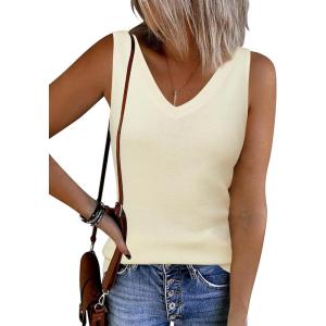 image:imageArachampCloz Womens Wool Blend Sweaters Non See Through Double VNeck AllSeason Tank 2026Offwhite Cream