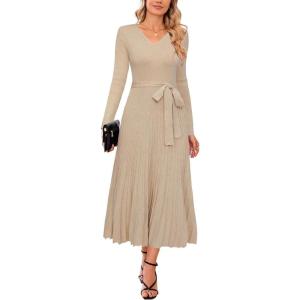 image:imageArachampCloz Womens Wool Blend Tie Waist Pleated Fall Sweater Dress 2025Apricot