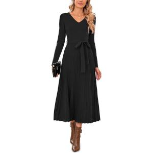 image:imageArachampCloz Womens Wool Blend Tie Waist Pleated Fall Sweater Dress 2025Black
