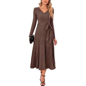 image:imageArachampCloz Womens Wool Blend Tie Waist Pleated Fall Sweater Dress 2025Coffee