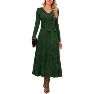 image:imageArachampCloz Womens Wool Blend Tie Waist Pleated Fall Sweater Dress 2025Dark Green
