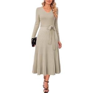image:imageArachampCloz Womens Wool Blend Tie Waist Pleated Fall Sweater Dress 2025Khakiwhite Stripe