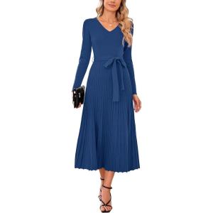 image:imageArachampCloz Womens Wool Blend Tie Waist Pleated Fall Sweater Dress 2025Navy