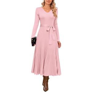image:imageArachampCloz Womens Wool Blend Tie Waist Pleated Fall Sweater Dress 2025Pink