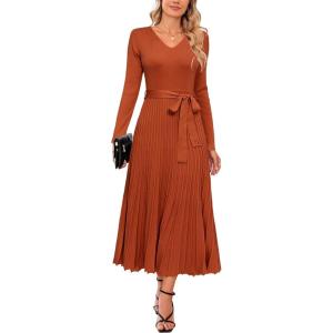image:imageArachampCloz Womens Wool Blend Tie Waist Pleated Fall Sweater Dress 2025Rust