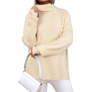 image:imageArachampCloz Womens Wool Blend Turtleneck Fall Winter Casual Ribbed Oversized Sweater Tops 2026Apricot