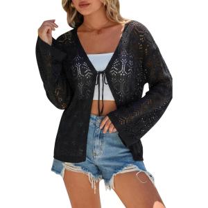 image:imageArachampCloz Womens Linen Blend Crochet Cardigans Summer Lightweight Hollow Out Beach Vacation Outfits Trendy 2026Black