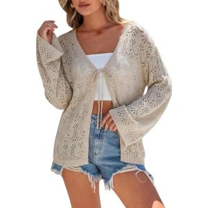 image:imageArachampCloz Womens Linen Blend Crochet Cardigans Summer Lightweight Hollow Out Beach Vacation Outfits Trendy 2026Khaki