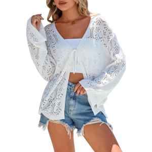 image:imageArachampCloz Womens Linen Blend Crochet Cardigans Summer Lightweight Hollow Out Beach Vacation Outfits Trendy 2026White