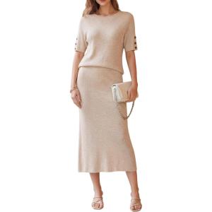 image:imageArachampCloz Womens Wool Blend Sweater 2 Piece Sets Business Casual Short Sleeve Top Midi Dress OutfitsApricot