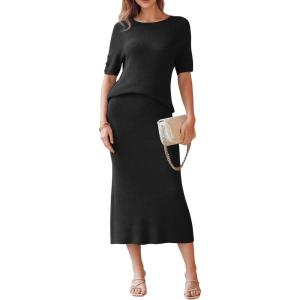 image:imageArachampCloz Womens Wool Blend Sweater 2 Piece Sets Business Casual Short Sleeve Top Midi Dress OutfitsBlack