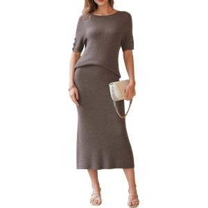 image:imageArachampCloz Womens Wool Blend Sweater 2 Piece Sets Business Casual Short Sleeve Top Midi Dress OutfitsCoffee
