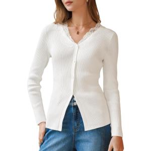 image:imageArachampCloz Womens 100 Cotton Lace Button Going Out Slim Fitted Cardigan Sweater 2026Beige