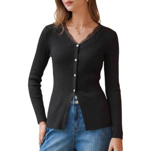 image:imageArachampCloz Womens 100 Cotton Lace Button Going Out Slim Fitted Cardigan Sweater 2026Black