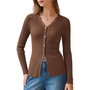 image:imageArachampCloz Womens 100 Cotton Lace Button Going Out Slim Fitted Cardigan Sweater 2026Brown
