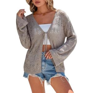 image:imageArachampCloz Womens Linen Blend Summer Crochet Cardigans Lightweight Lacey Kint Hollow Out Beach Vacation Outfits Trendy 2026Nutmeg