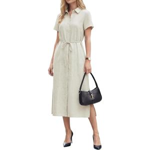 image:imageArachampCloz Womens Linen with Pockets Midi Summer Spring Shirt Dress 2026Beige