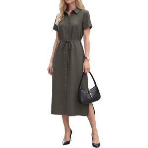 image:imageArachampCloz Womens Linen with Pockets Midi Summer Spring Shirt Dress 2026Coffee