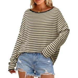 image:imageArachampCloz Womens Oversized Linen Blend Beach Vacation Cover Up Summer Casual Off Shoulder Tops 2026Apricot Black Stripe