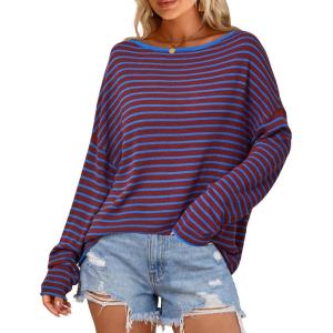 image:imageArachampCloz Womens Oversized Linen Blend Beach Vacation Cover Up Summer Casual Off Shoulder Tops 2026Blue Stripe