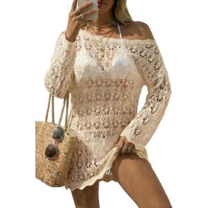 image:imageArachampCloz Womens 100 Cotton Swimsuit Cover Up Off Shoulder Boat Neck Oversized Breathable Beach Crochet Summer 2026Apricot
