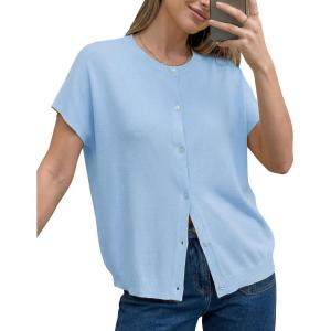 image:imageArachampCloz Womens Wool Blend Oversized Lightweight Cardigan Short Sleeve Summer Casual Sweaters TopsLight Blue