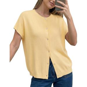 image:imageArachampCloz Womens Wool Blend Oversized Lightweight Cardigan Short Sleeve Summer Casual Sweaters TopsYellow